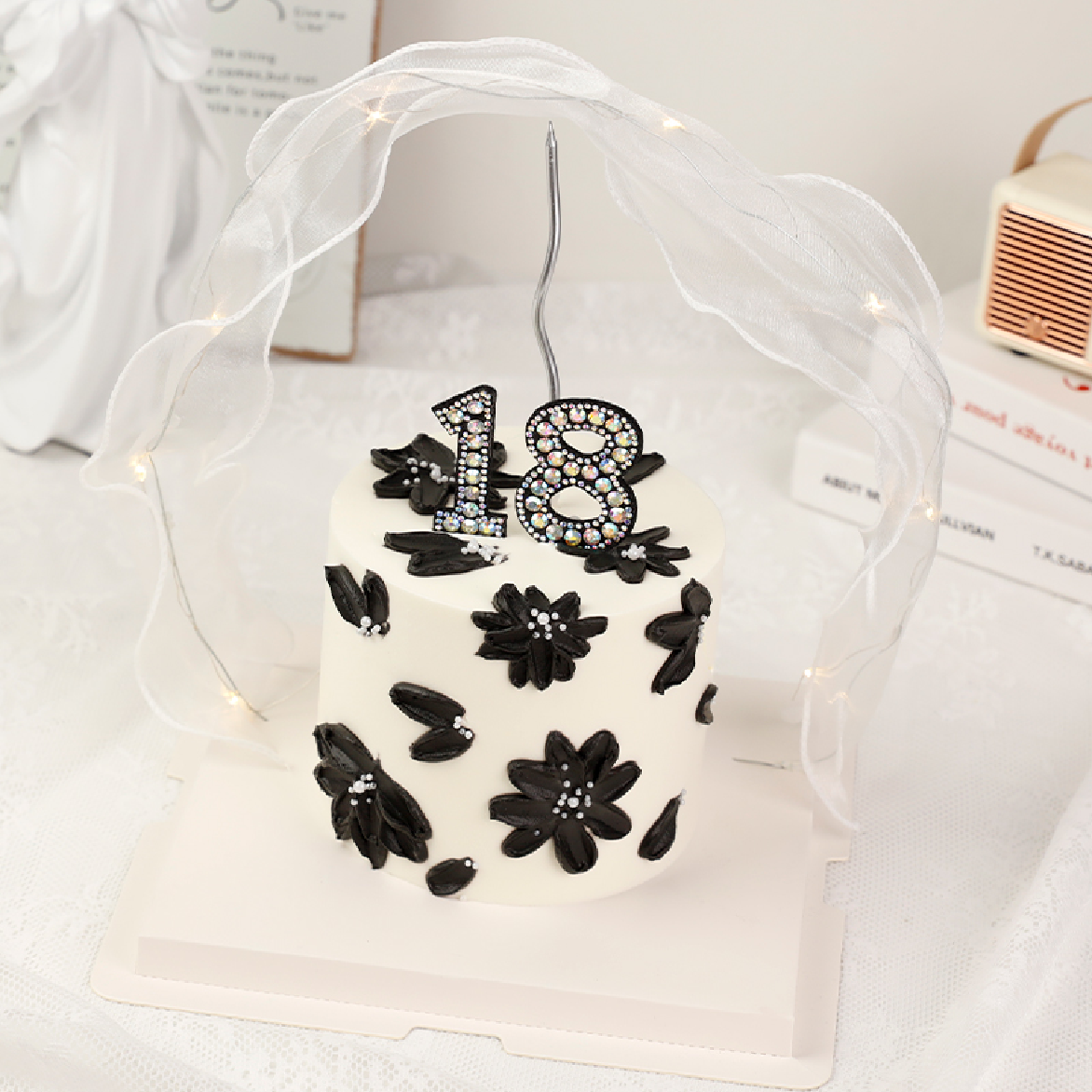 Cake Topper, Cupcake Decoration - Decorative Black & Diamond - Number 4