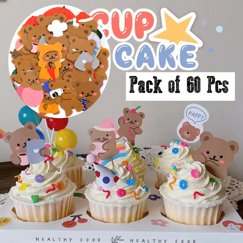 Cake Topper Cupcake Decoration - 60 Pcs  individual bear stickers- all different - Rampant Coffee Company