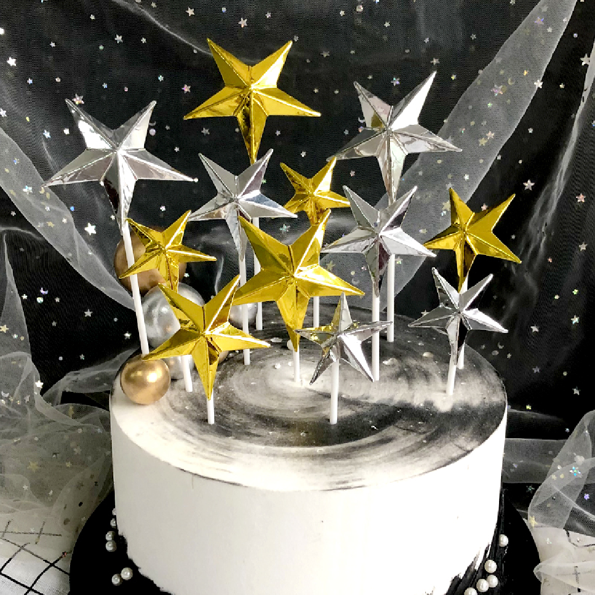 Cake Cup Cake Topper Decorations - Silver stars (Medium) - Rampant Coffee Company