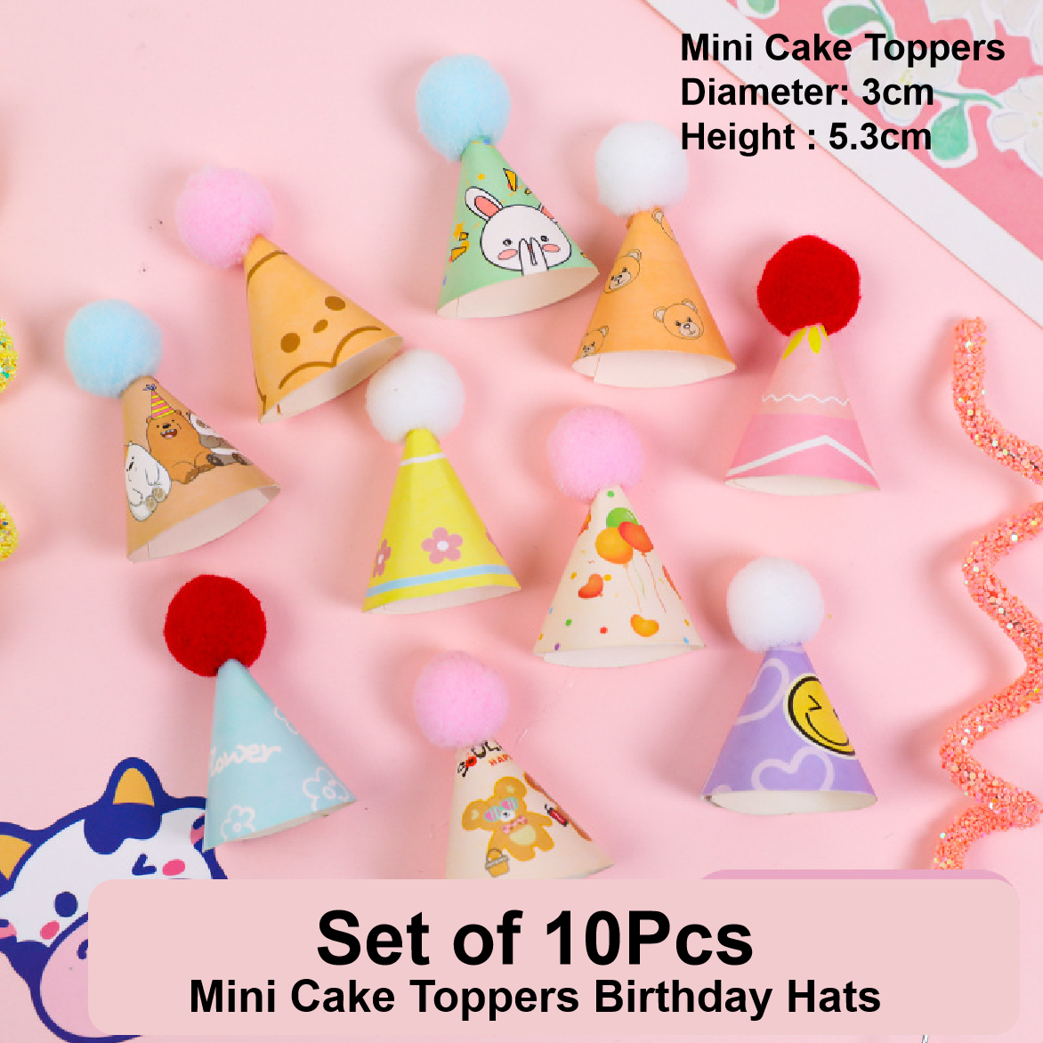 Cake Topper, Cupcake Decorations - Mini Cake Toppers Birthday Hats - Set of 10pcs