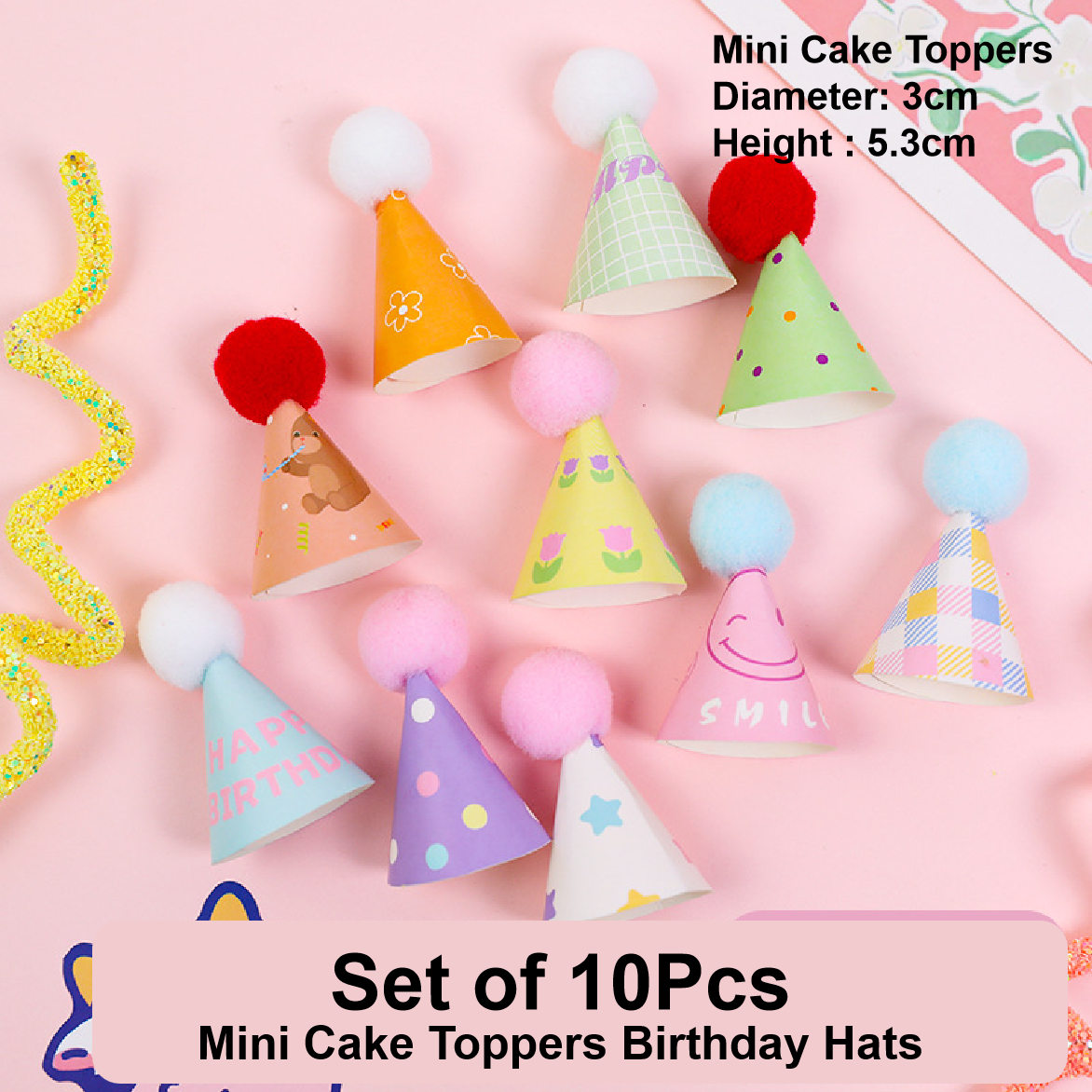 Cake Topper, Cupcake Decorations - Mini Cake Toppers Birthday Hats - Set of 10pcs