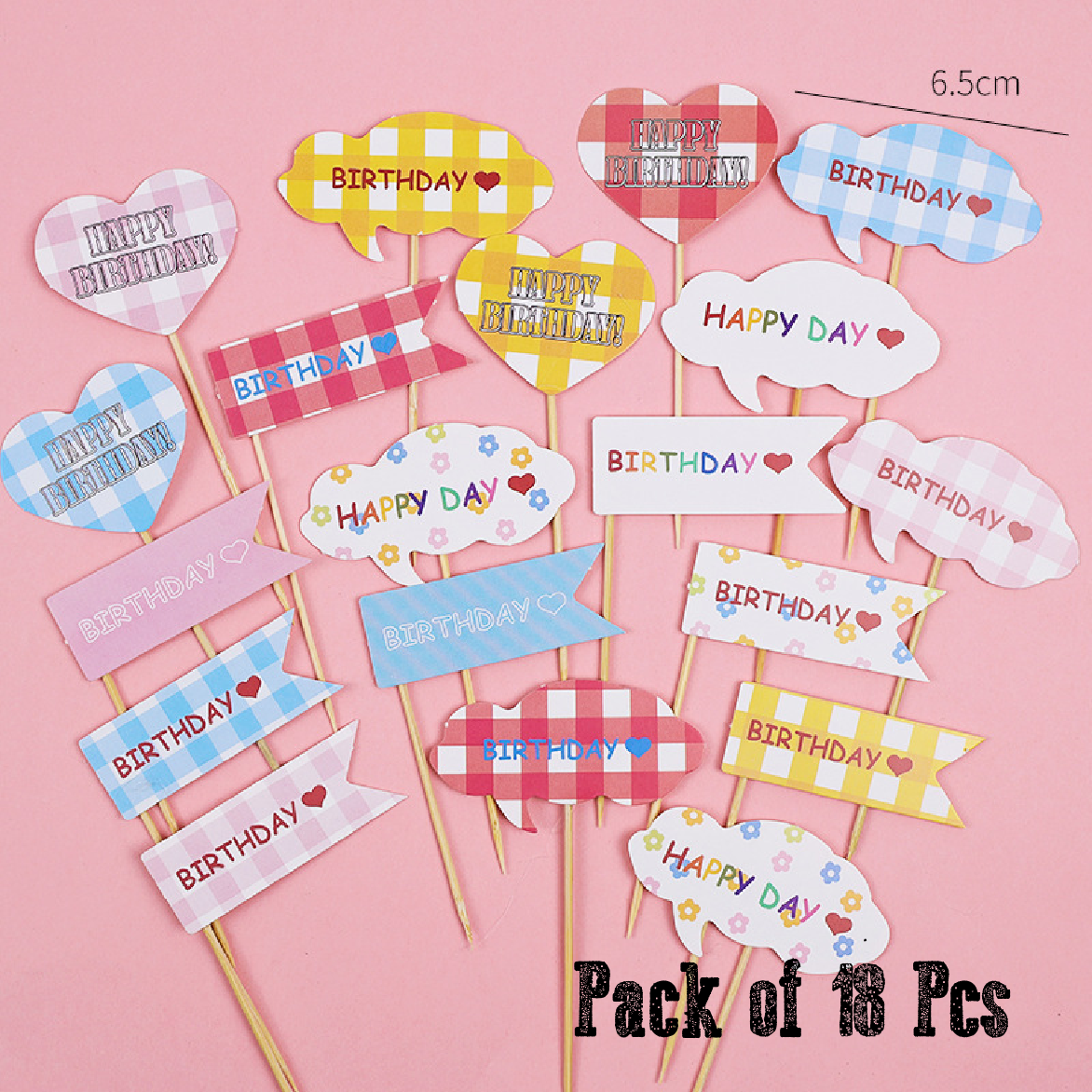 Cake Topper, Cupcake Decorations - Happy Birthday Topper - Set Pack 18pcs