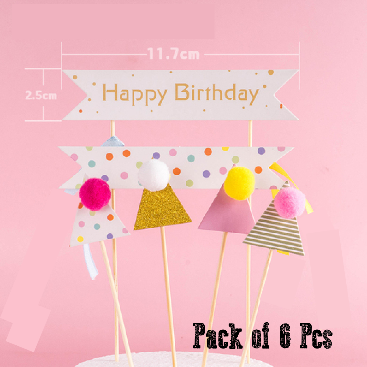 Cake Topper, Cupcake Decorations - Happy Birthday Topper - Set Pack 6pcs